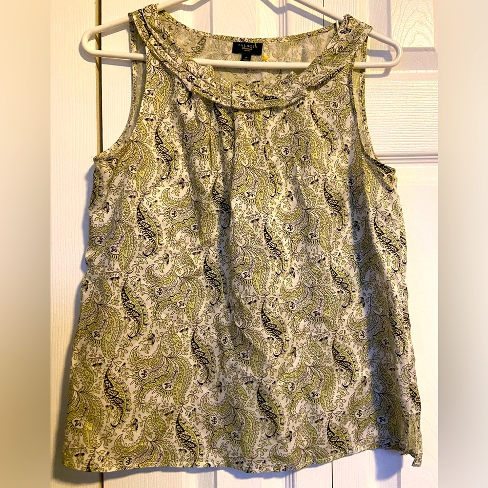 Talbots Green White Silk blend Paisley Floral Sleeveless Top | Petite